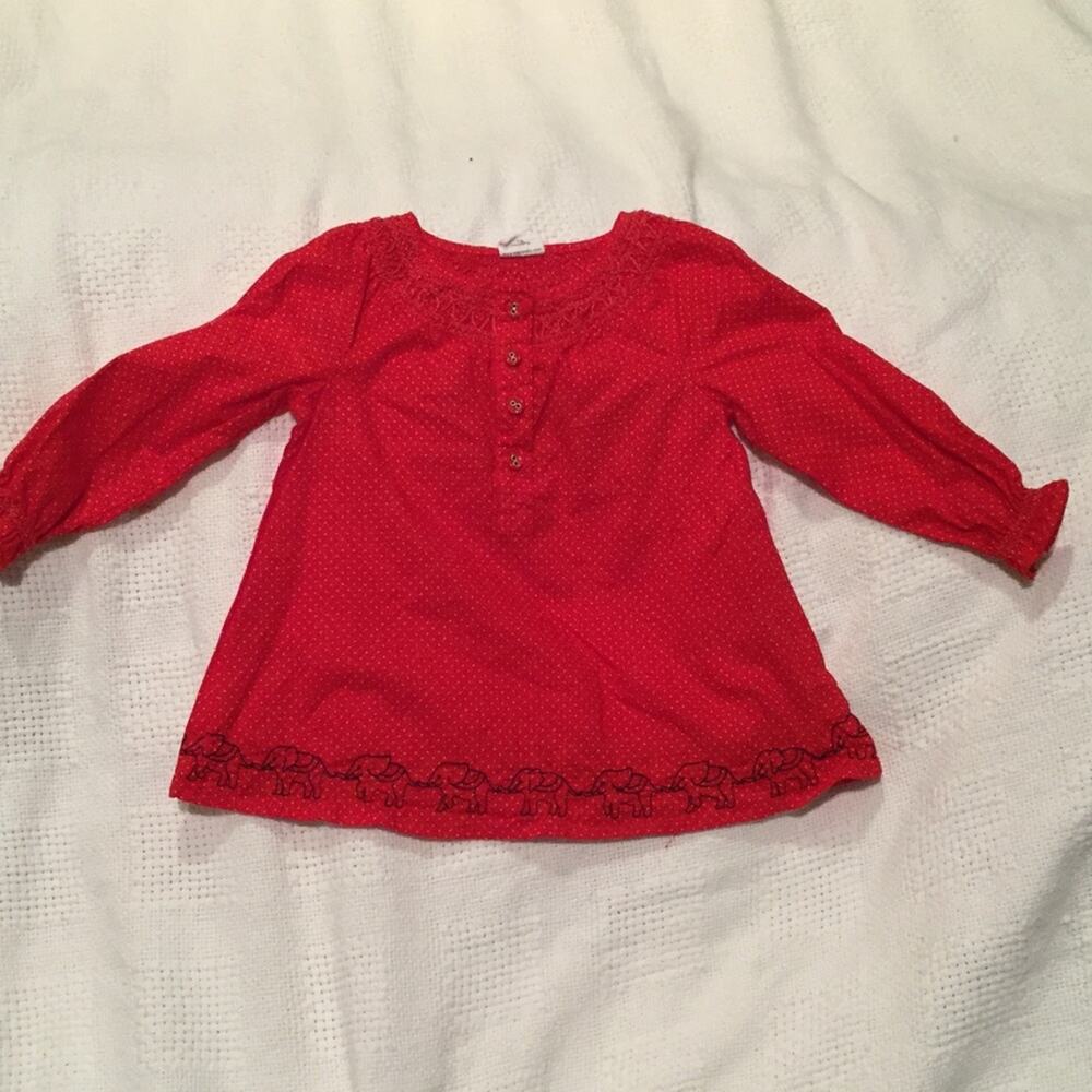 EGG Tunic top red white polka dot elephant worn 1x